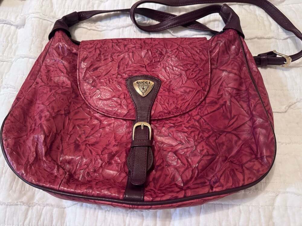 Gucci Vintage Crinkled Leather Shoulder Bag with Shield Logo Hardware